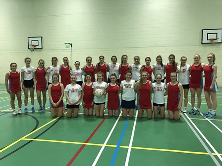 Hampshire County Academy dressed in red, back row left to right. Chloe Hayward, Amber Blackman, Lauren Webster, Katie Barrow, Catherine White, Ciara Foley, Gabriel Moore, Zoe Henderson, Alice Wood, Emily Winzar. Front Row, left to right. Lucy Griffiths, Lauren Welsh, Emily Hammond, Maggie Pickersgill, Ella Chainey